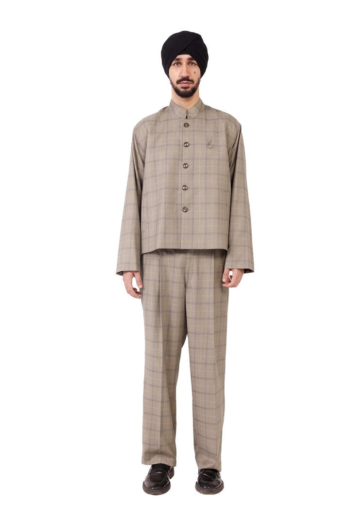 Beige Check Nehru Jacket