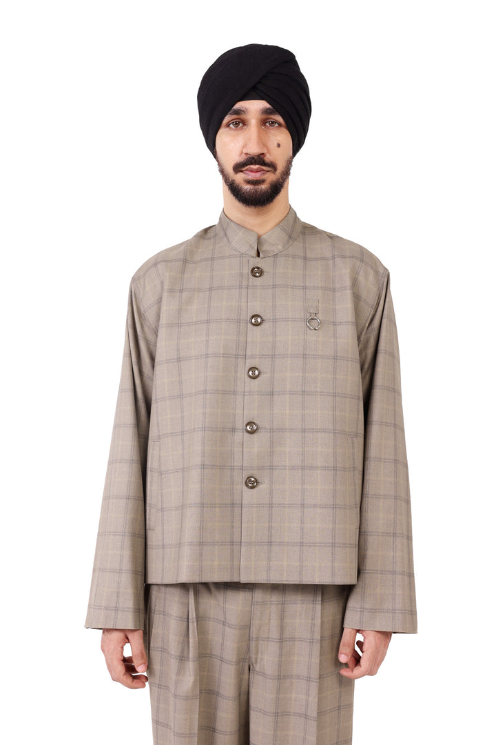 Beige Check Nehru Jacket