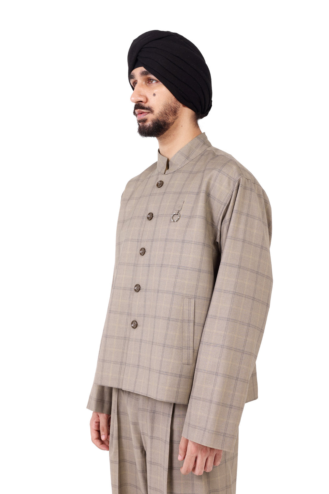 Beige Check Nehru Jacket