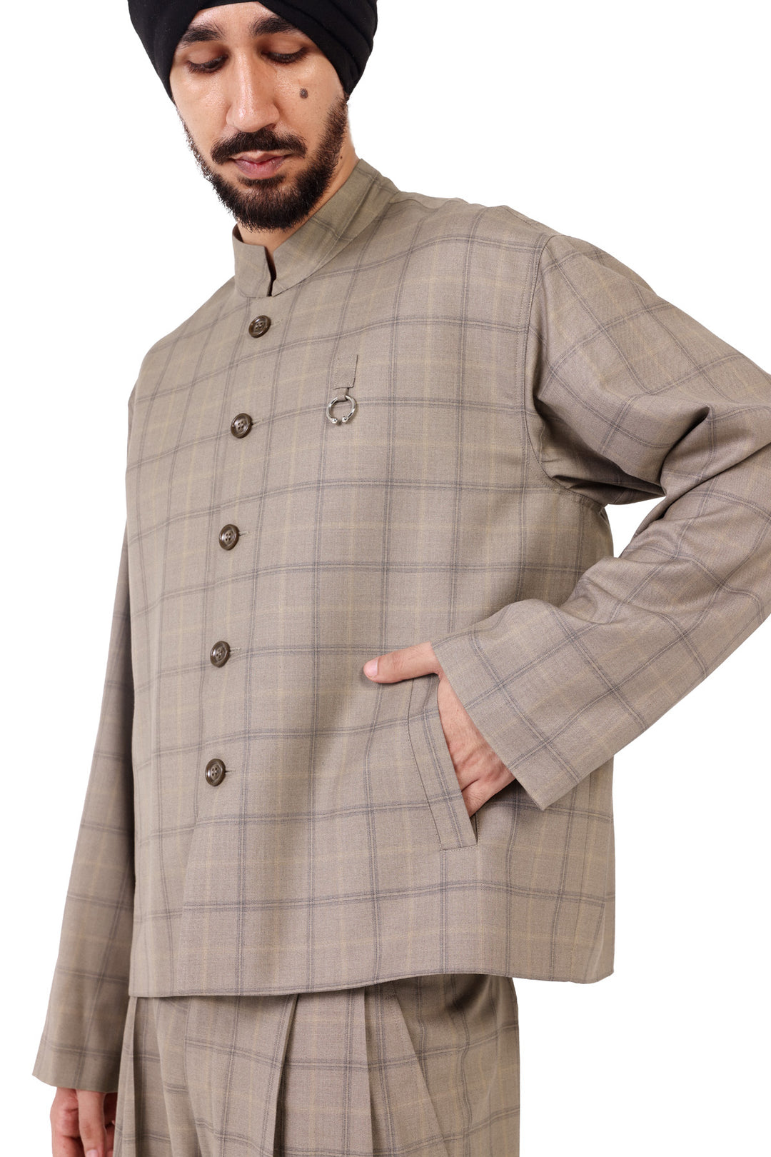 Beige Check Nehru Jacket