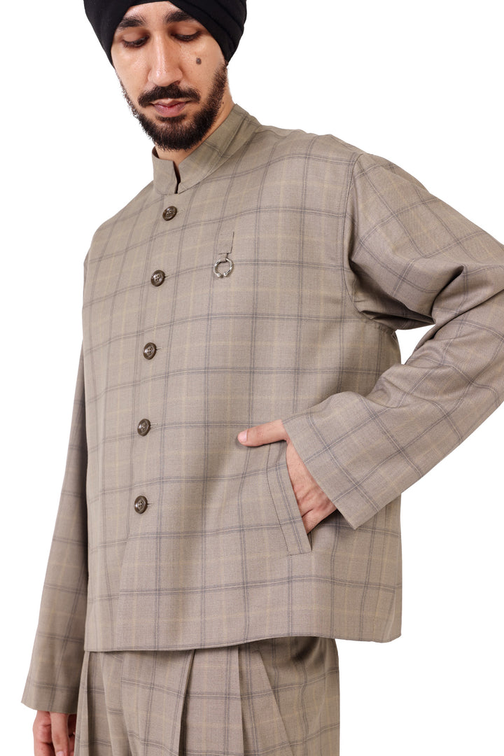 Beige Check Nehru Jacket